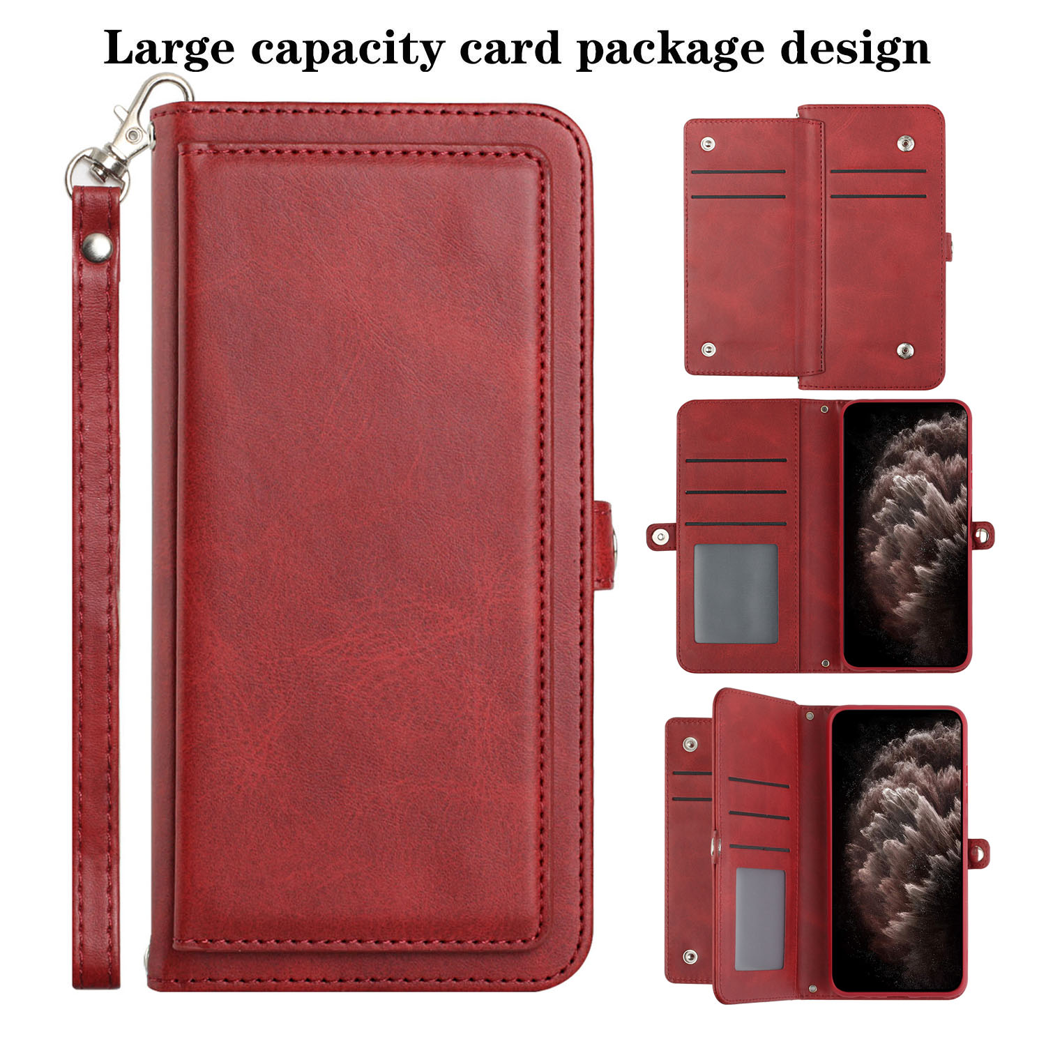 Premium PU Leather Folio WALLET Front Cover Case with Card Holder Slots and Wrist Strap for Apple